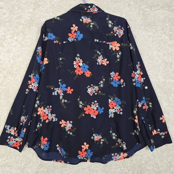 Michael Kors Blouse Womens 3X Blue Floral Zip Front Roll Tab Sleeve Office - Picture 8 of 12